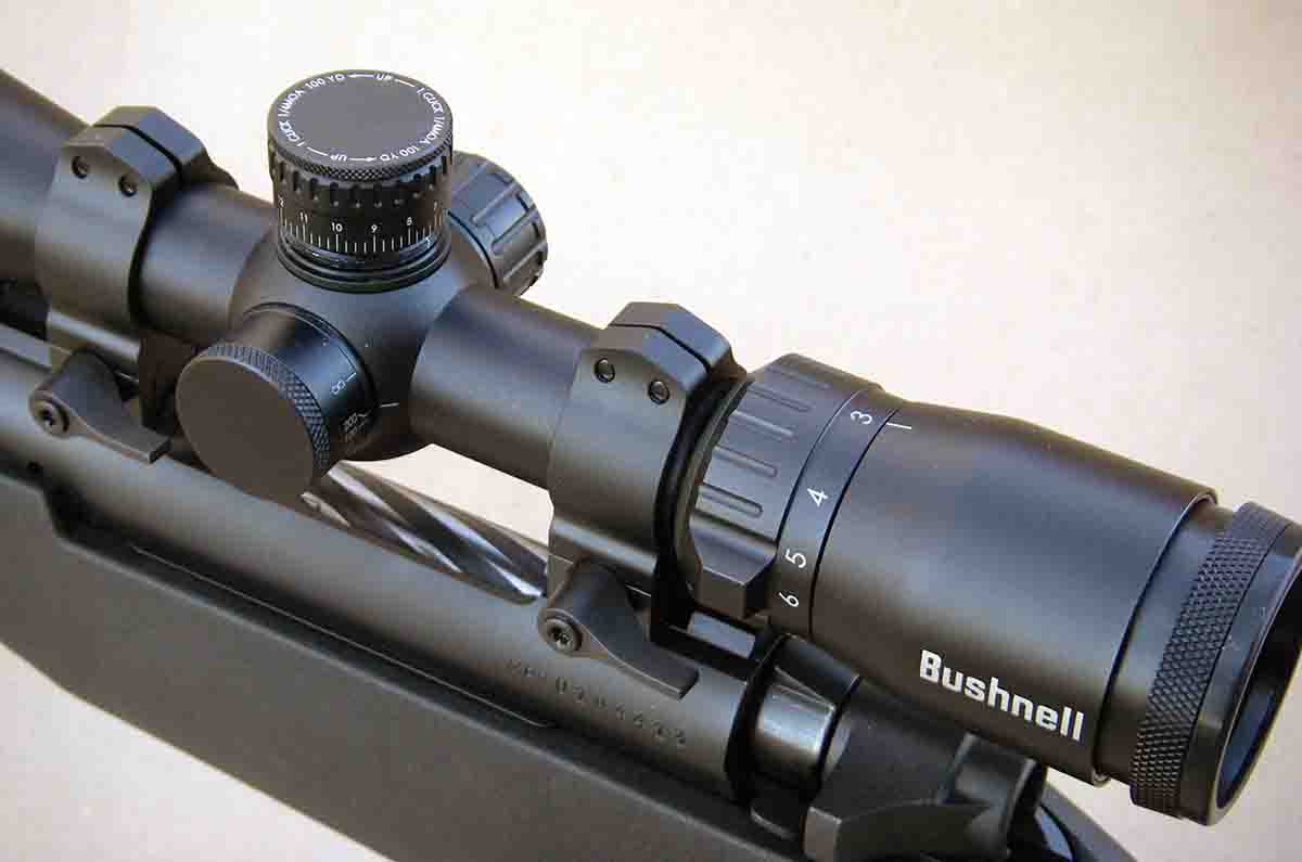 Bushnell’s Prime scope features target turrets that compensate for bullet drop, side focus and a fast-focus eyepiece.